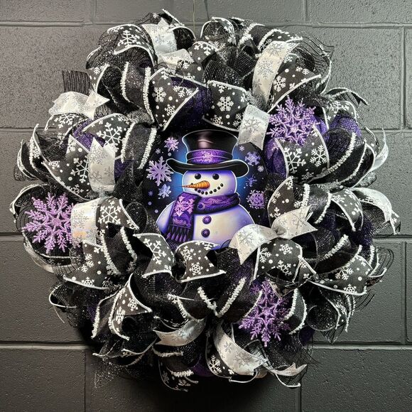 Christmas Snowman Wreath Black and Purple Winter Door Decor Handmade 24 inch - Picture 1 of 5